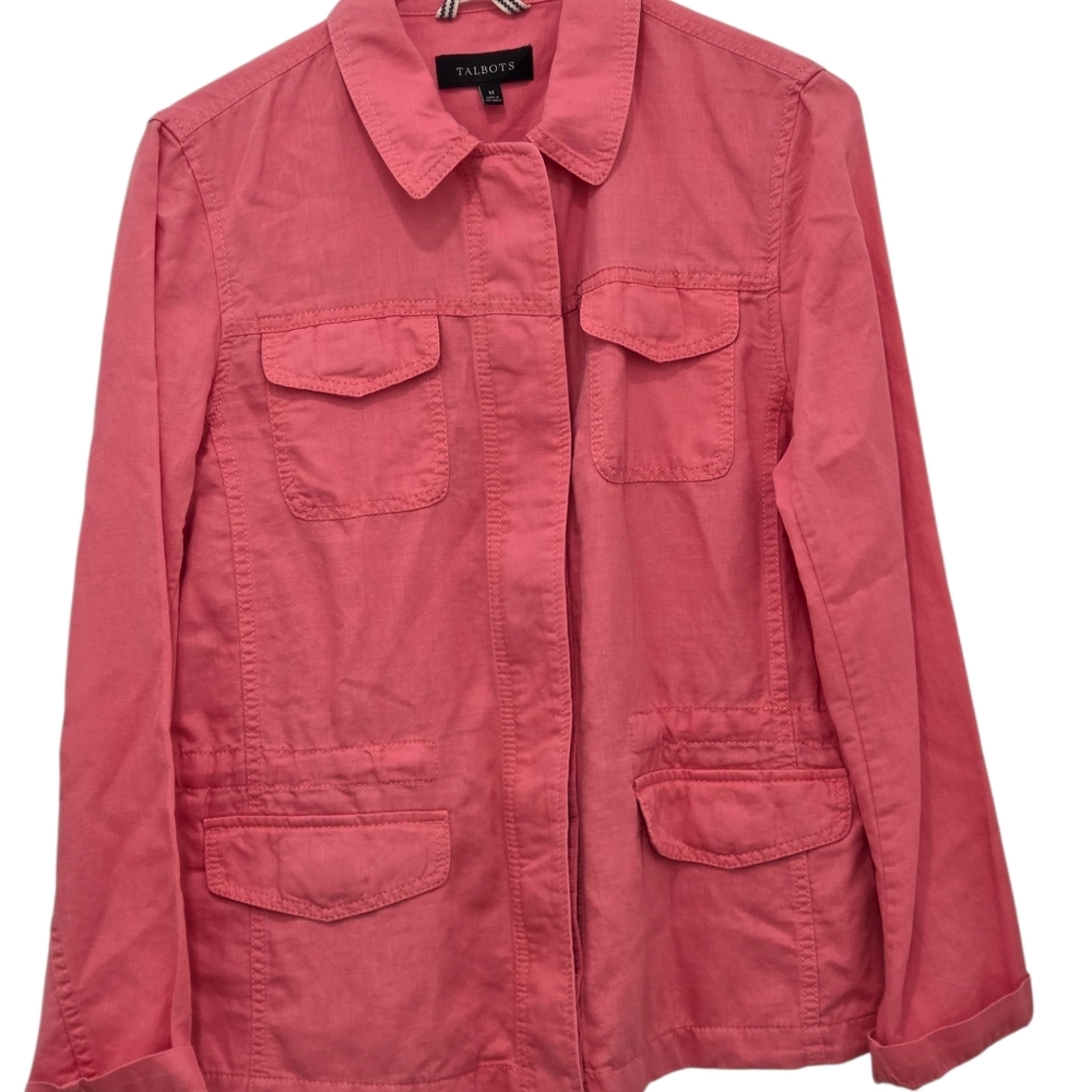 TALBOTS Linen Blend Utility Jacket in Washed Salmon Size Medium Womens Full Zip - Picture 2 of 16